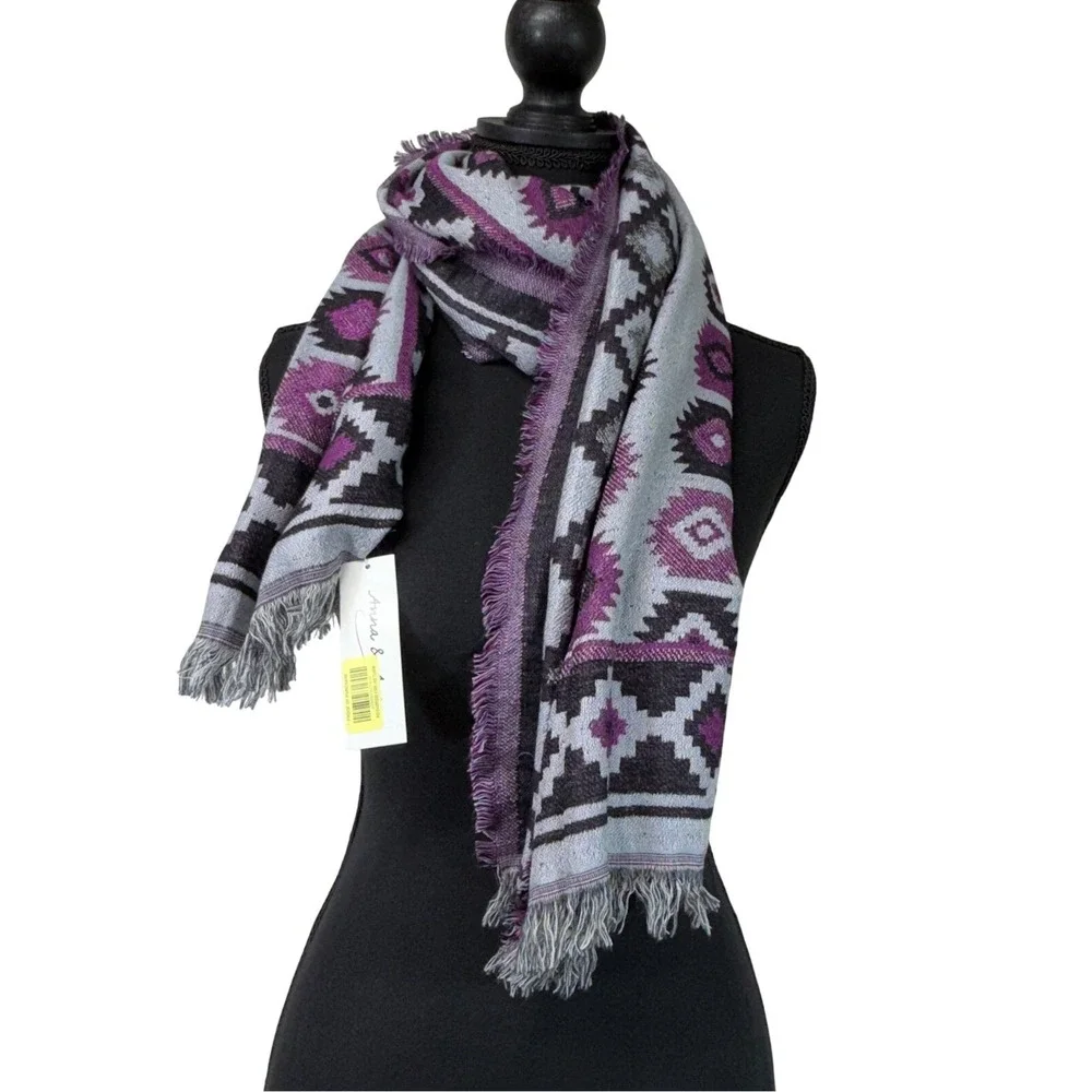 NWT Anna & Ava Gray‎ Purple Fringe Scarf Southwest Aztec Bohemian Blanket Wrap